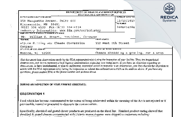 FDA 483 - Alpine Slicing and Cheese Conversion Company [Monroe / United States of America] - Download PDF - Redica Systems