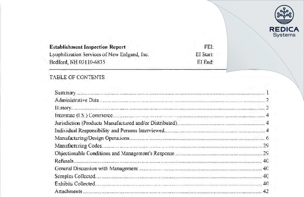 EIR - Lyophilization Services Of New England, Inc. (LSNE) [Bedford / United States of America] - Download PDF - Redica Systems