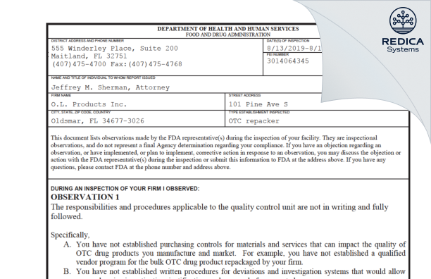 FDA 483 - O.L. PRODUCTS, INC. [Florida / United States of America] - Download PDF - Redica Systems