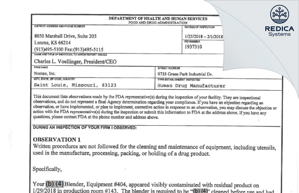 FDA 483 - Nomax, INC [Saint Louis / United States of America] - Download PDF - Redica Systems