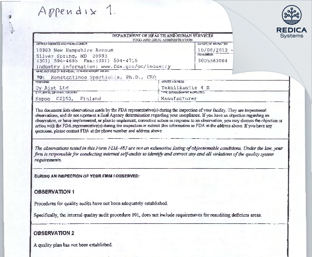 FDA 483 - Oy Ajat Ltd [Espoo / Finland] - Download PDF - Redica Systems