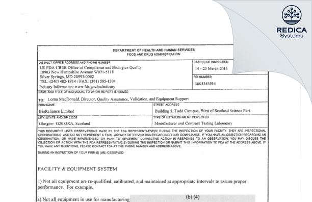 FDA 483 - Bioreliance Ltd. [Oxa / United Kingdom of Great Britain and Northern Ireland] - Download PDF - Redica Systems