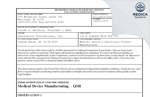 FDA 483 - Denterprise International, Inc. [Ormond Beach / United States of America] - Download PDF - Redica Systems