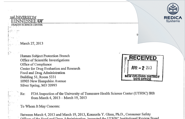 FDA 483 Response - University of Tennessee Health Science Center IRB [Memphis / United States of America] - Download PDF - Redica Systems