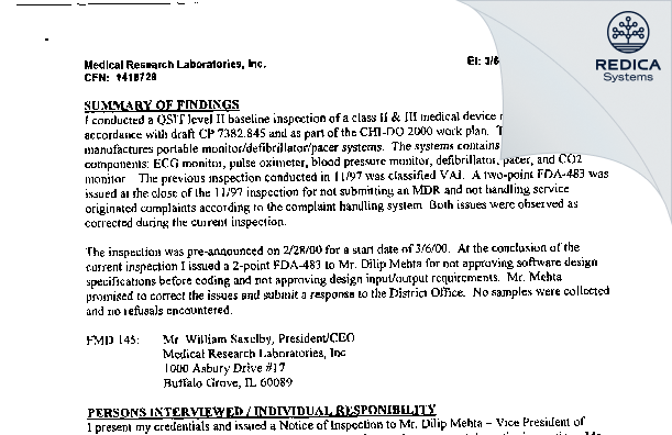 EIR - MRL, Inc., A Welch Allyn Company [Buffalo Grove / United States of America] - Download PDF - Redica Systems
