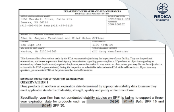 FDA 483 - Eco Lips, Inc. [Cedar Rapids / United States of America] - Download PDF - Redica Systems