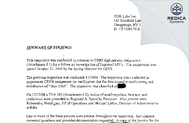 EIR - PDK Labs, Inc [Hauppauge / United States of America] - Download PDF - Redica Systems