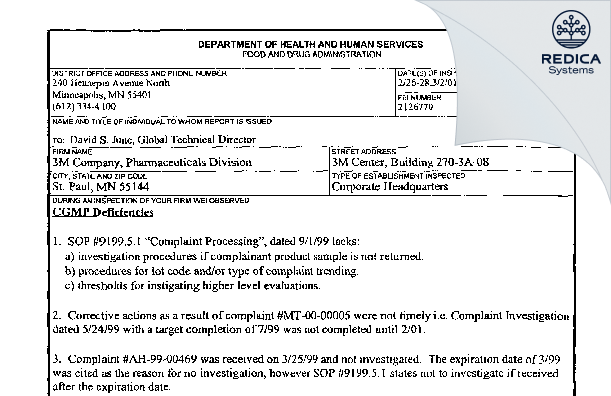 FDA 483 - 3M Company [Saint Paul / United States of America] - Download PDF - Redica Systems