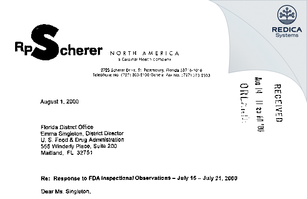 FDA 483 Response - Catalent Pharma Solutions, LLC [St Petersburg / United States of America] - Download PDF - Redica Systems