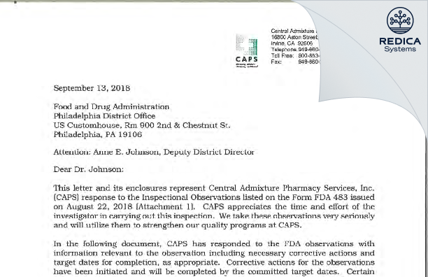 FDA 483 Response - Central Admixture Pharmacy Services, Inc. [Allentown / United States of America] - Download PDF - Redica Systems