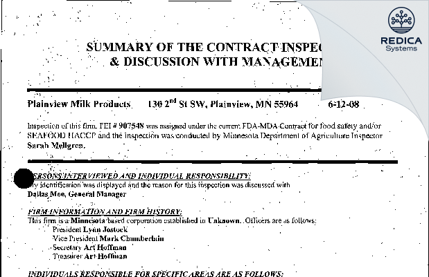 EIR - Plainview Milk Products Cooperative [Plainview / United States of America] - Download PDF - Redica Systems