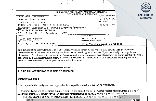 FDA 483 - Allegiant Health [New York / United States of America] - Download PDF - Redica Systems