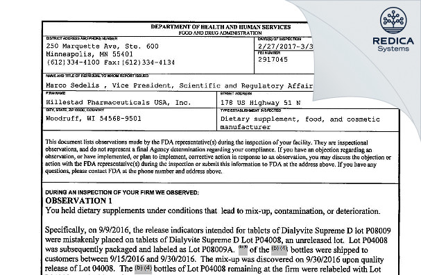 FDA 483 - Hillestad Pharmaceuticals USA [Woodruff / United States of America] - Download PDF - Redica Systems