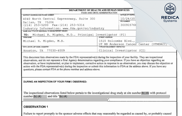 FDA 483 - Michael R. Migden, M.D. [Houston / United States of America] - Download PDF - Redica Systems