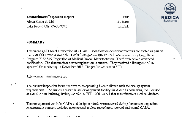 EIR - Alcon Research Ltd [Lake Forest / United States of America] - Download PDF - Redica Systems
