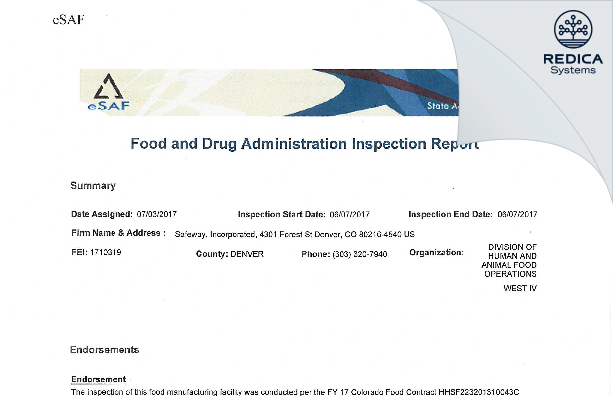 FDA 483 - Safeway, Incorporated [Denver / United States of America] - Download PDF - Redica Systems