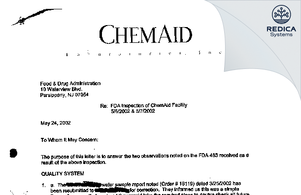 FDA 483 Response - ChemAid Laboratories, Inc. [Jersey / United States of America] - Download PDF - Redica Systems