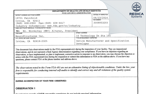FDA 483 - NeuroStructures LLC [Irvine / United States of America] - Download PDF - Redica Systems