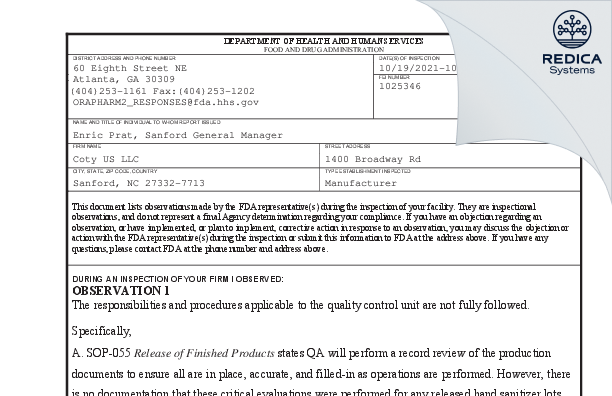 FDA 483 - COTY US LLC [Sanford / United States of America] - Download PDF - Redica Systems