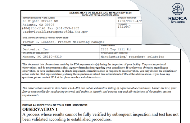 FDA 483 - Dentonics, Inc [Monroe / United States of America] - Download PDF - Redica Systems