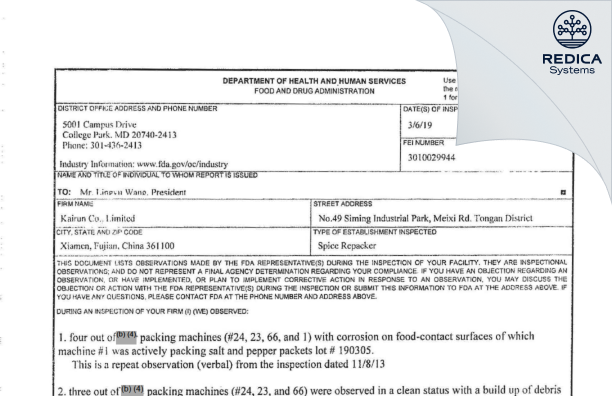FDA 483 - Kairun Co., Limited [Xiamen / China] - Download PDF - Redica Systems