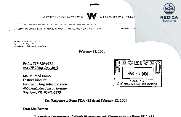 FDA 483 Response - Wyeth Pharmaceuticals Company [Guayama / United States of America] - Download PDF - Redica Systems