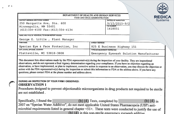 FDA 483 - SPERIAN EYE & FACE PROTECTION, INC. [Platteville / United States of America] - Download PDF - Redica Systems
