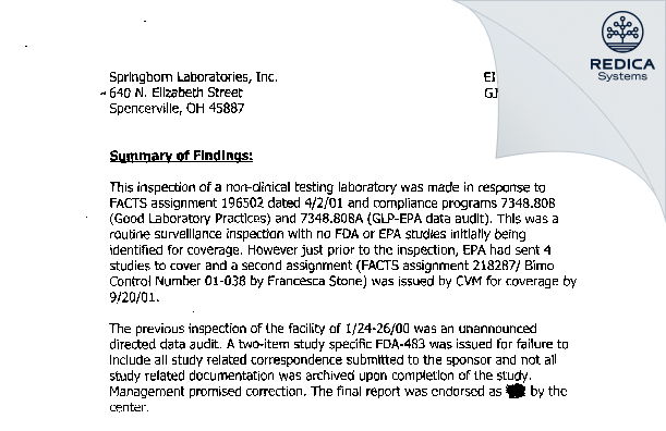 EIR - Charles River Laboratories Inc [Spencerville / United States of America] - Download PDF - Redica Systems