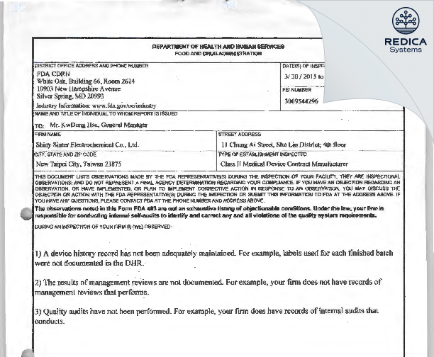 FDA 483 - Shiny Sinter Electrochemical Co., Ltd. [Taipei Hsien / Taiwan] - Download PDF - Redica Systems