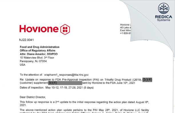 FDA 483 Response - HOVIONE LLC [Jersey / United States of America] - Download PDF - Redica Systems