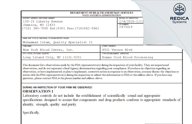 FDA 483 - New York Blood Center, Inc. [York / United States of America] - Download PDF - Redica Systems