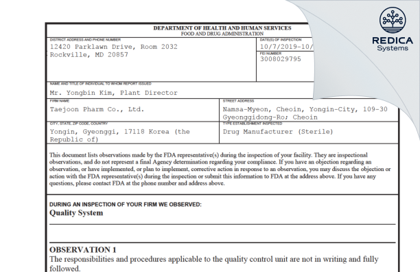 FDA 483 - Taejoon Pharmaceutical Co., Ltd. [- / Korea (Republic of)] - Download PDF - Redica Systems