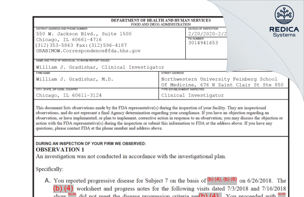 FDA 483 - William J. Gradishar, M.D. [Chicago / United States of America] - Download PDF - Redica Systems