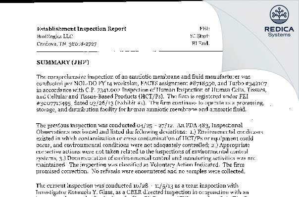 EIR - BioDlogics LLC [Cordova / United States of America] - Download PDF - Redica Systems