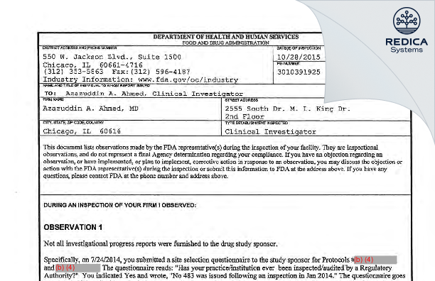FDA 483 - Azazuddin A. Ahmed, MD [Chicago / United States of America] - Download PDF - Redica Systems