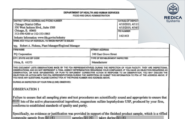FDA 483 - PQ Corporation [Utica / United States of America] - Download PDF - Redica Systems