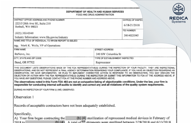 FDA 483 - ReNovo, Inc. [Bend / United States of America] - Download PDF - Redica Systems
