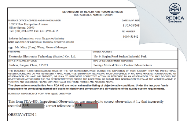 FDA 483 - Flextronics Electronics Technology (Suzhou) Co., Ltd. [Suzhou / China] - Download PDF - Redica Systems