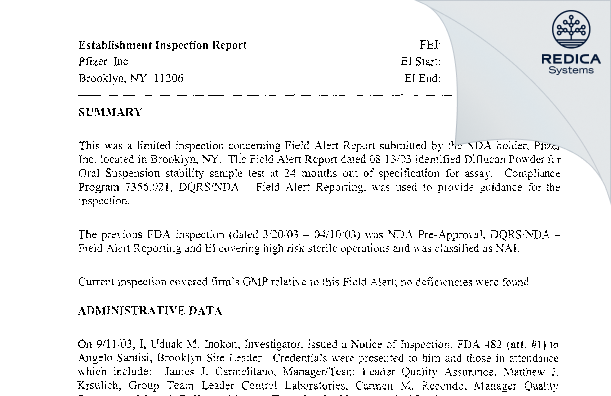 EIR - Pfizer, Inc. [Brooklyn / United States of America] - Download PDF - Redica Systems