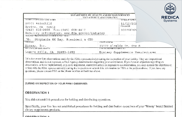 FDA 483 - BioRay, Inc. [Irvine / United States of America] - Download PDF - Redica Systems