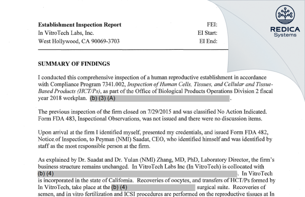 EIR - In VitroTech Labs, Inc. [West Hollywood / United States of America] - Download PDF - Redica Systems