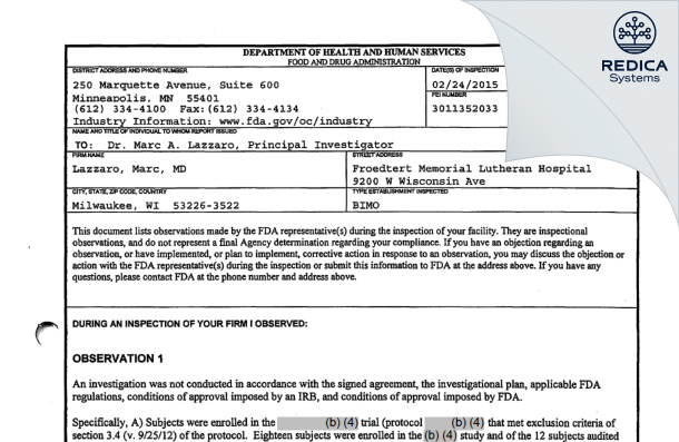 FDA 483 - Lazzaro, Marc, MD [Milwaukee / United States of America] - Download PDF - Redica Systems