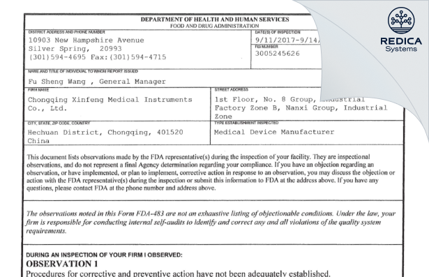 FDA 483 - Chongqing Xinfeng Medical Instruments Co., Ltd. [Zhongqing / China] - Download PDF - Redica Systems