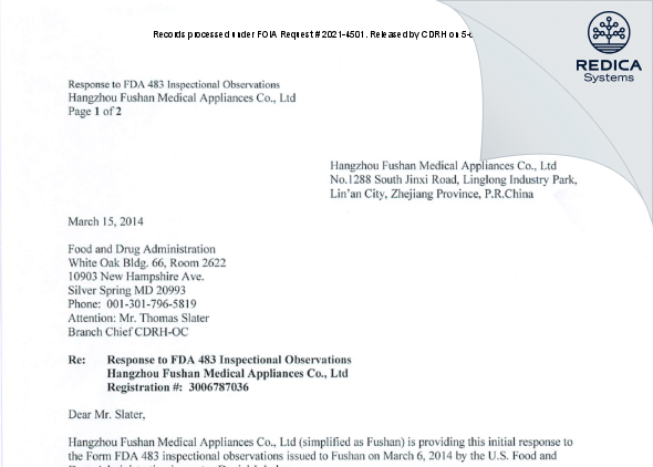 FDA 483 Response - Hangzhou Fushan Medical Appliances [Hangzhou / China] - Download PDF - Redica Systems