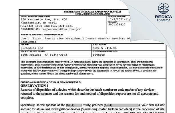 FDA 483 - Surmodics Inc [Eden Prairie / United States of America] - Download PDF - Redica Systems