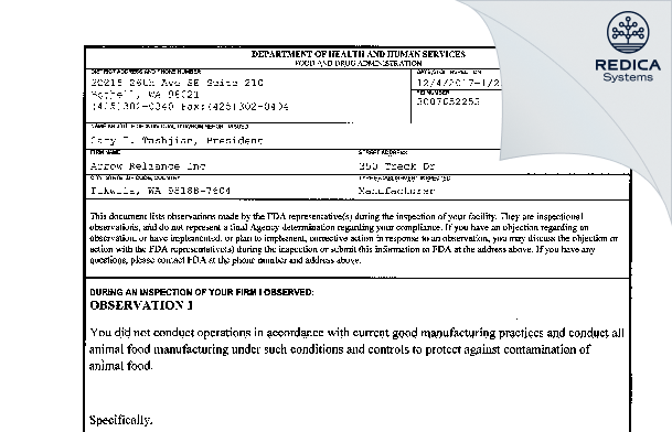 FDA 483 - Arrow Reliance Inc [Tukwila / United States of America] - Download PDF - Redica Systems