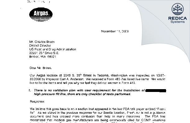 FDA 483 Response - Airgas USA, LLC [Tacoma / United States of America] - Download PDF - Redica Systems