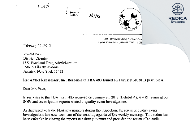 FDA 483 Response - Curia New York, Inc. [New York / United States of America] - Download PDF - Redica Systems