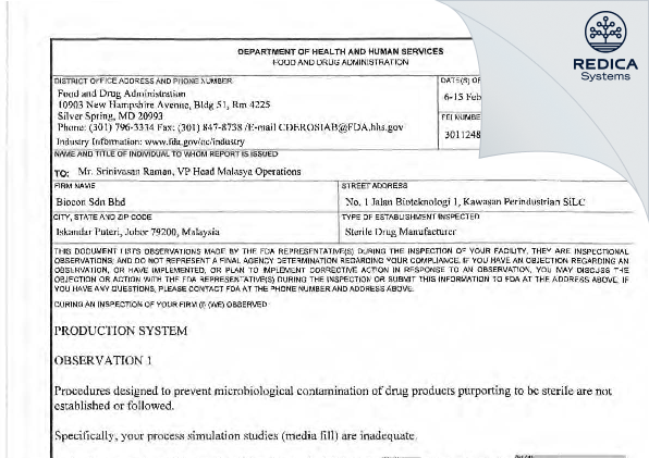 FDA 483 - BIOCON SDN.BHD. [Iskander / Malaysia] - Download PDF - Redica Systems