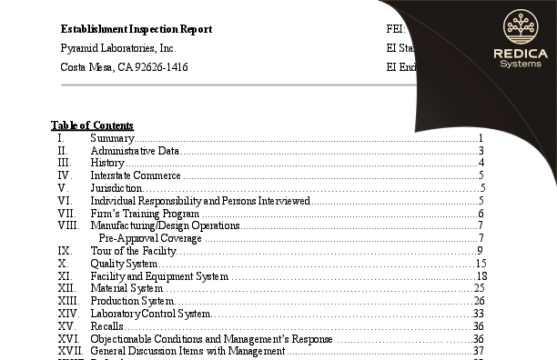 EIR - PYRAMID Laboratories, Inc. [Costa Mesa California / United States of America] - Download PDF - Redica Systems